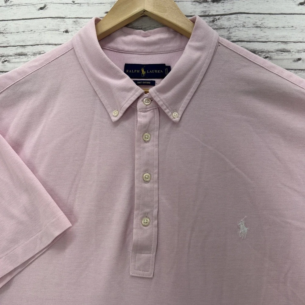 Ralph Lauren Polo Shirt Men's 2XB Pink Knit Oxford Cotton S/S White Pony